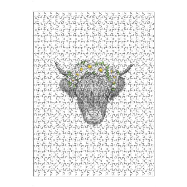 Puzzle Ravensburger "Scottish Highland Cattle" artboxONE - Tiere - Highland cow,Cow,Scottish,Cattle,Cute,Horns,Wreath,Flowers,Daisies,Spring