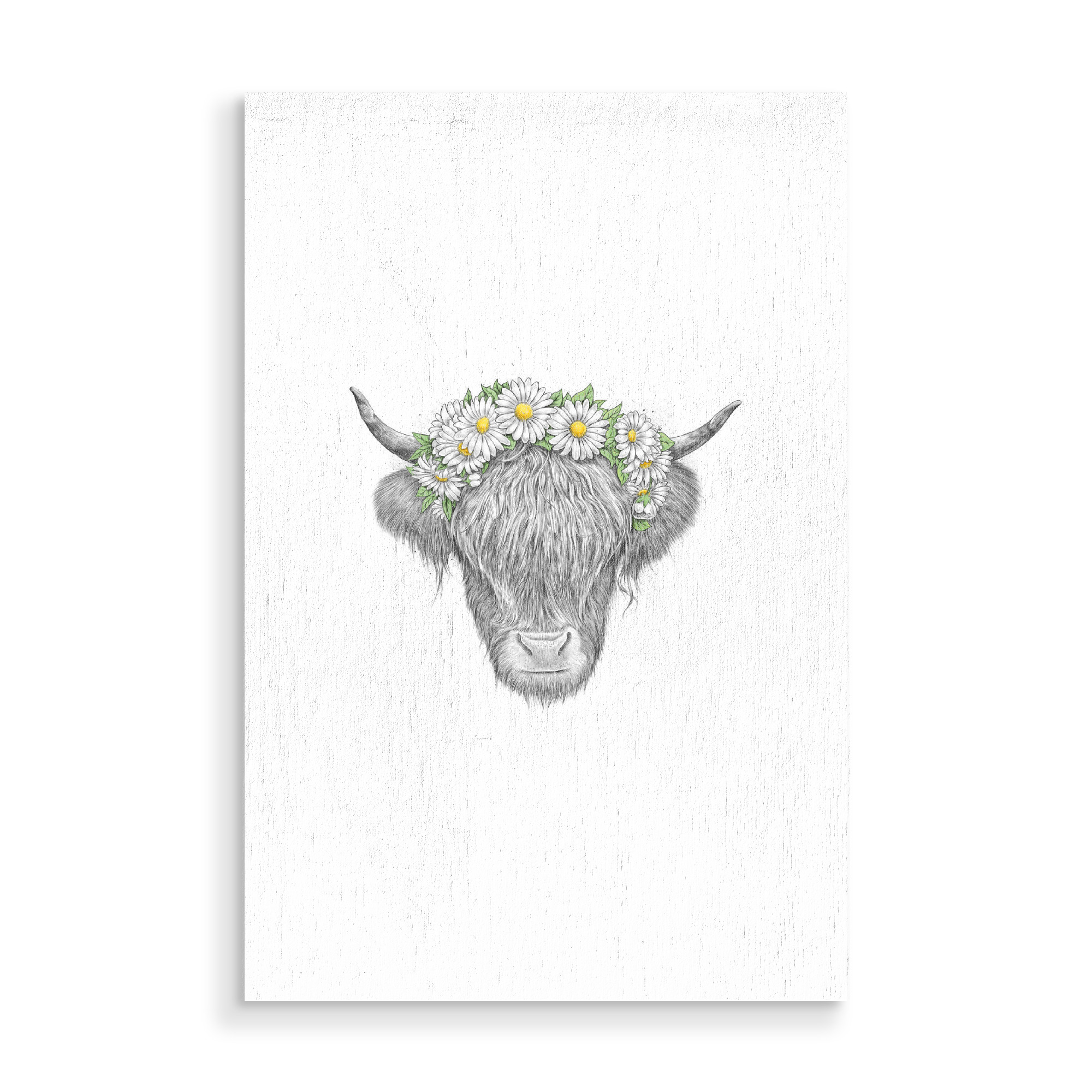 Holzbild "Scottish Highland Cattle" artboxONE - Tiere - Highland cow,Cow,Scottish,Cattle,Cute,Horns,Wreath,Flowers,Daisies,Spring