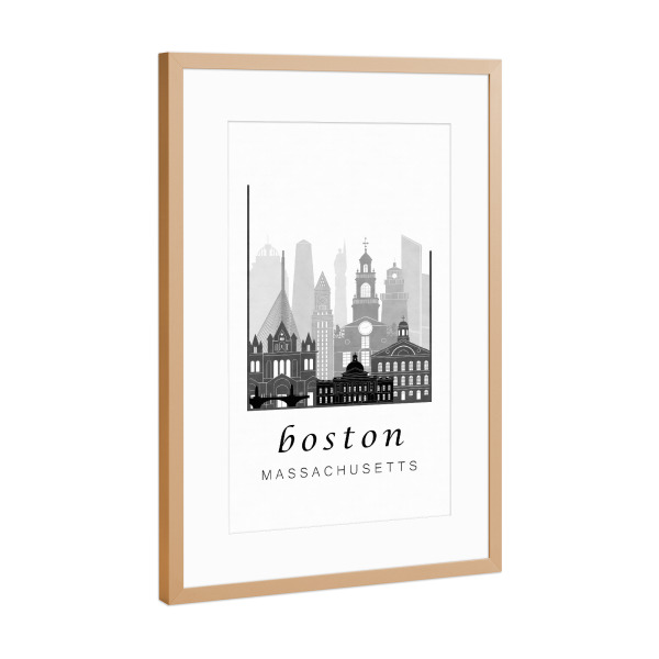 Poster mit Rahmen Kupfer "Boston skyline, black & white" artboxONE - Schwarzweiß,Städte / Boston,Kartografie