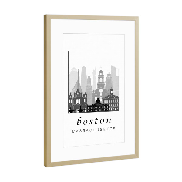 Poster mit Rahmen Gold "Boston skyline, black & white" artboxONE - Schwarzweiß,Städte / Boston,Kartografie