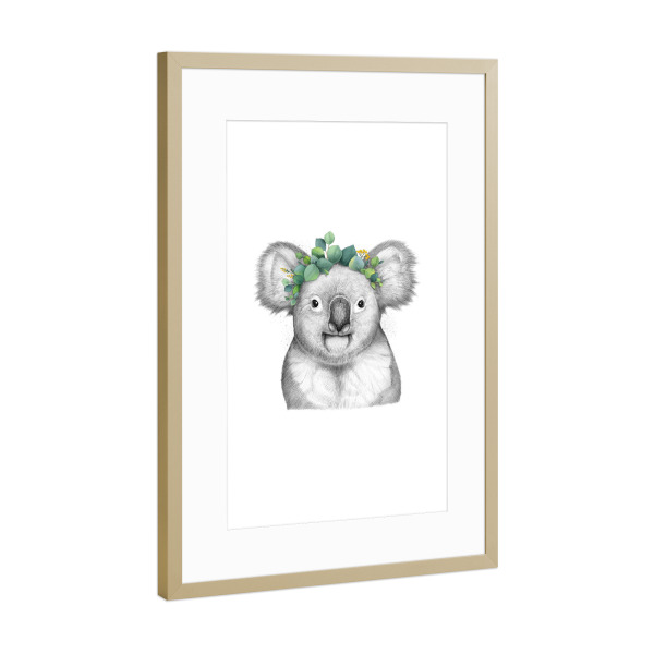 Poster mit Rahmen Gold "Koala with eucalyptus" artboxONE - Tiere,Schwarzweiß