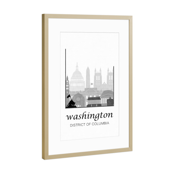 Poster mit Rahmen Gold "Washington black white DC skyline" artboxONE - Schwarzweiß,Städte / Washington,Kartografie