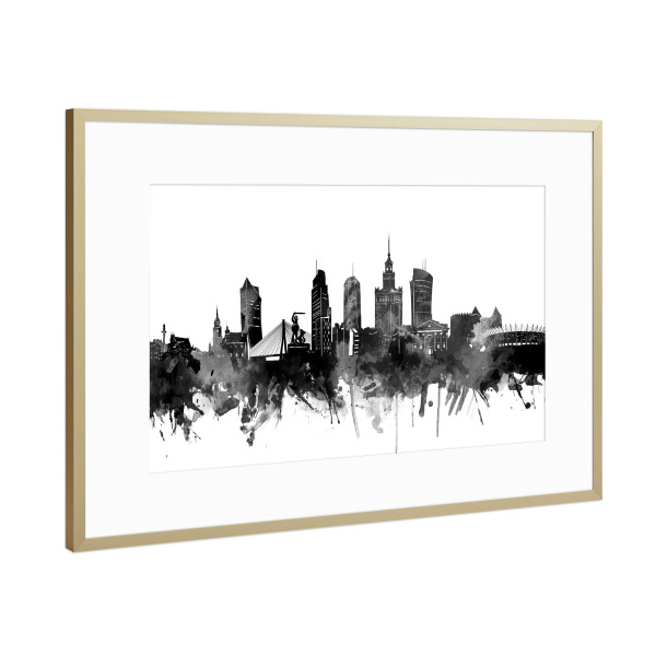 Poster mit Rahmen Gold "Warsaw skyline black" artboxONE - Städte,Reise,Schwarzweiß