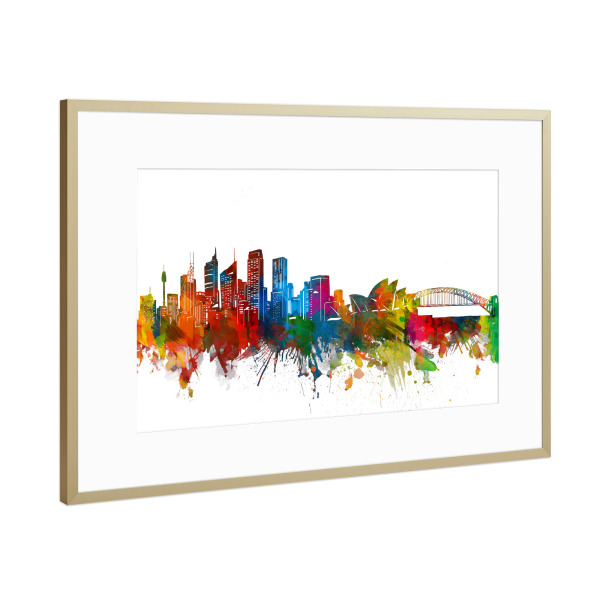 Poster mit Rahmen Gold "Sydney skyline watercolor" artboxONE - Städte,Städte / Sydney