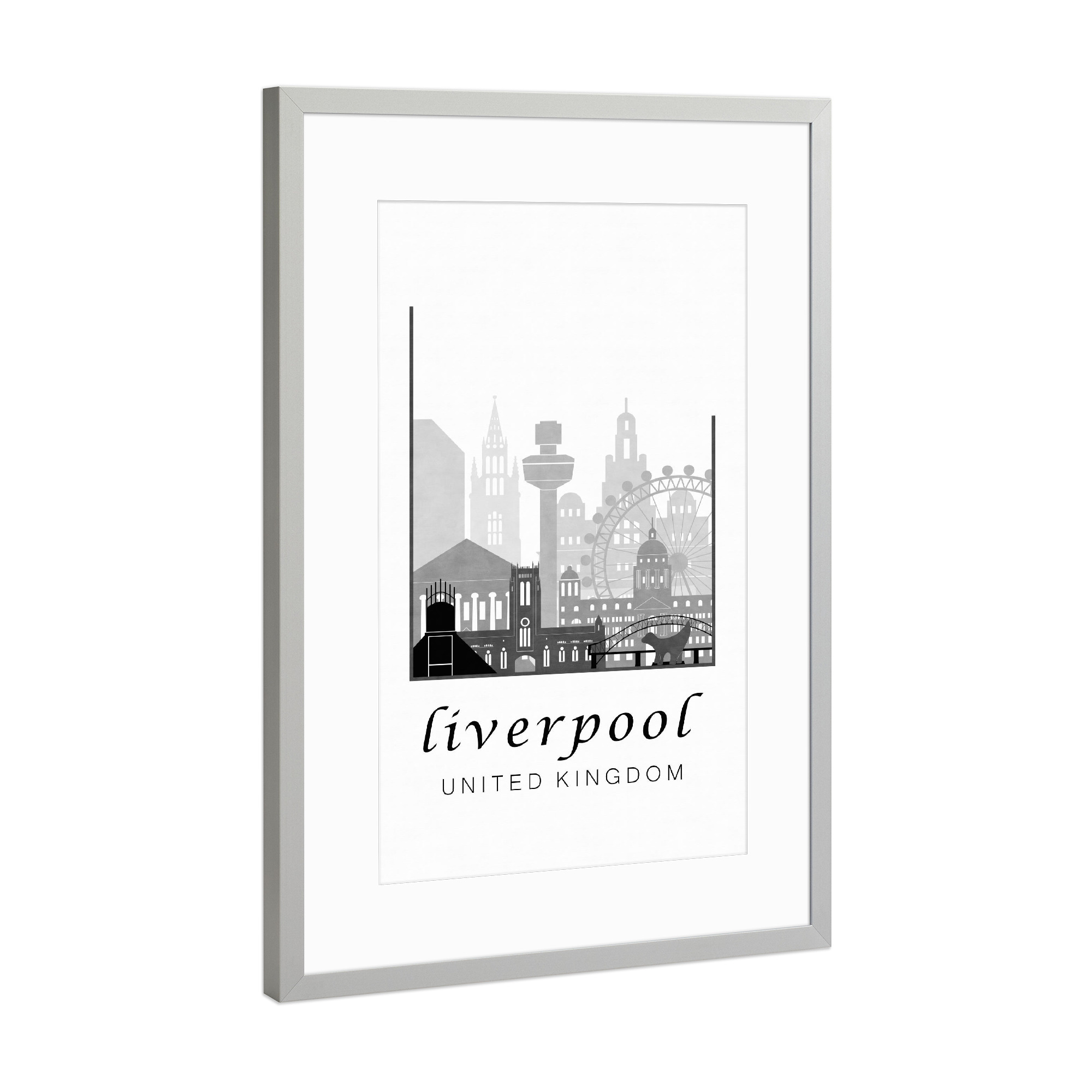 Poster mit Rahmen Silber "Liverpool black & white skyline" artboxONE - Städte,Schwarzweiß,Kartografie