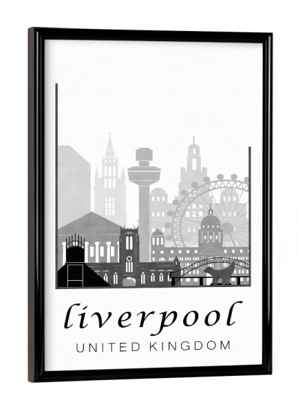 Poster mit schwarzem Rahmen "Liverpool black & white skyline" artboxONE - Städte,Schwarzweiß,Kartografie