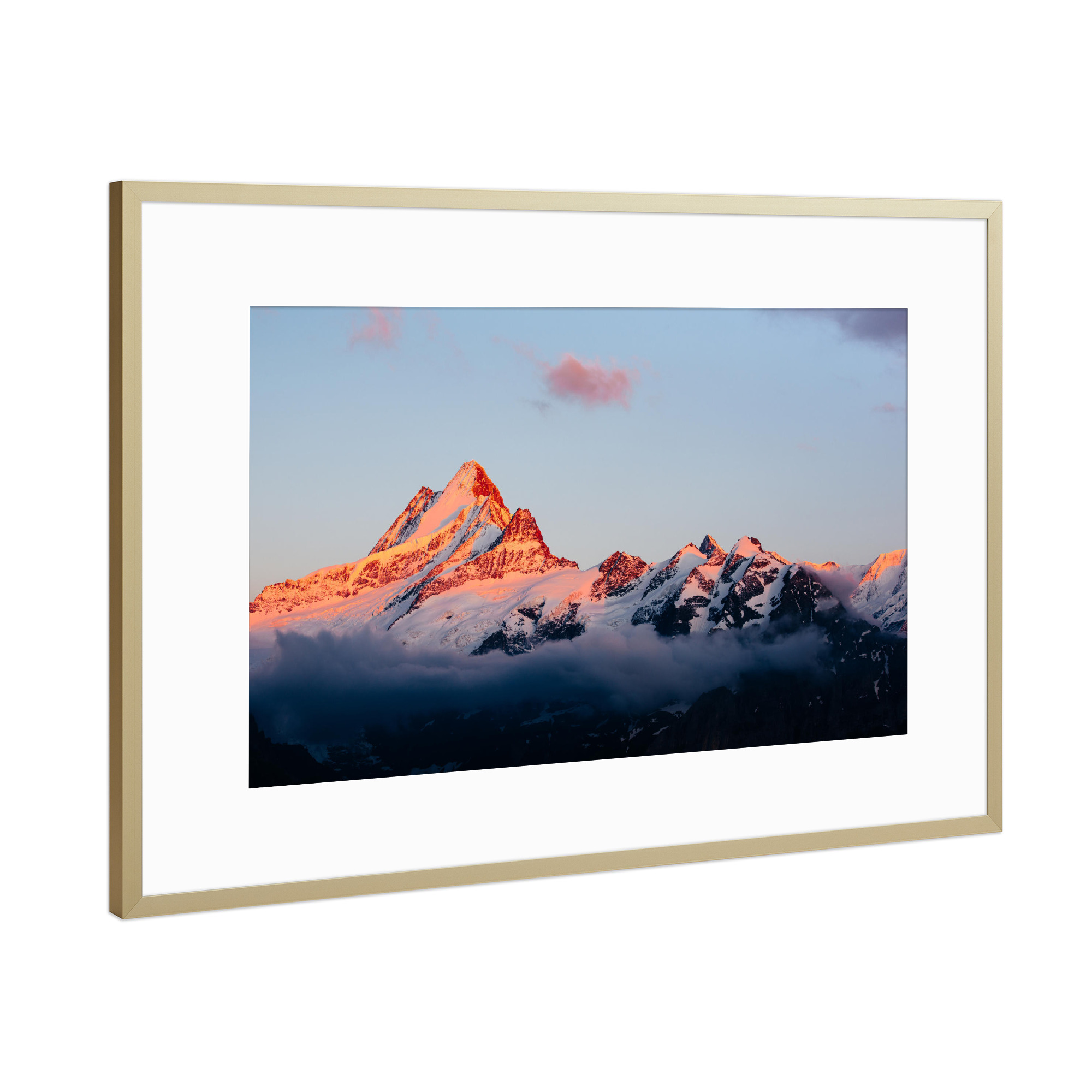 Poster mit Rahmen Gold "Schreckhorn alpen glow" artboxONE - Natur