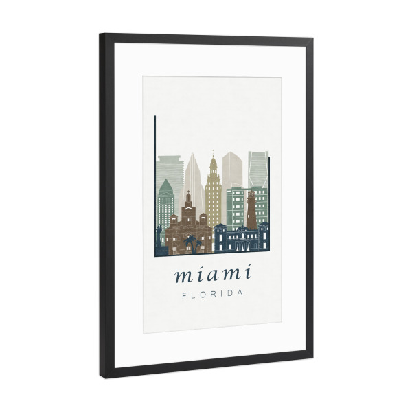 Poster mit Rahmen Schwarz (Metallic) "Miami skyline, light blue" artboxONE - Städte,Kartografie