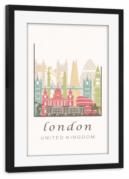 Poster mit Rahmen schwarz "London pastel skyline" artboxONE - Städte / London,Kartografie - London,United kingdom,Uk,England,Skyline,Cityscape,Travel