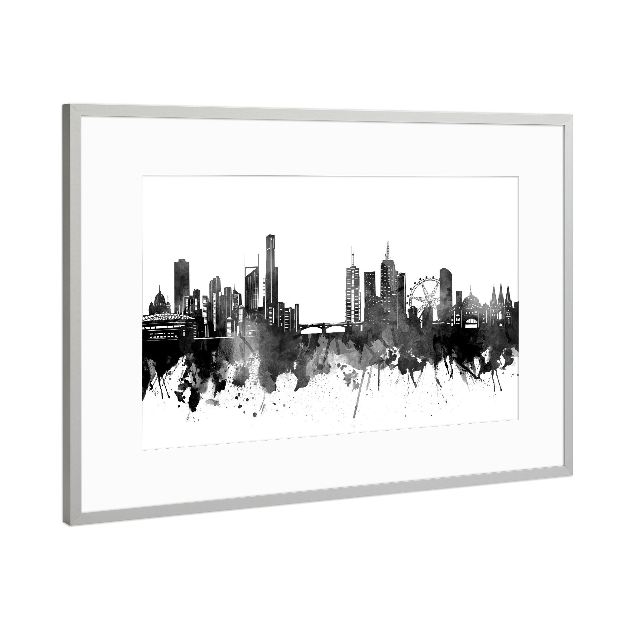 Poster mit Rahmen Silber "Melbourne skyline black" artboxONE - Städte,Reise,Schwarzweiß,Architektur
