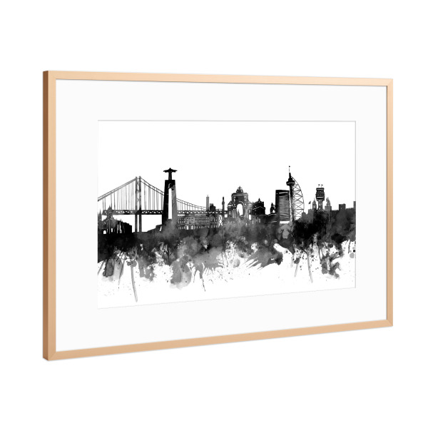 Poster mit Rahmen Kupfer "Lisbon skyline black" artboxONE - Städte,Reise,Schwarzweiß,Architektur