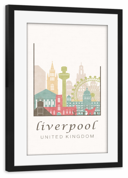 Poster mit Rahmen schwarz "Liverpool skyline, pastel" artboxONE - Städte,Kartografie - Liverpool,United kingdom,Uk,England,Skyline,Cityscape,Travel