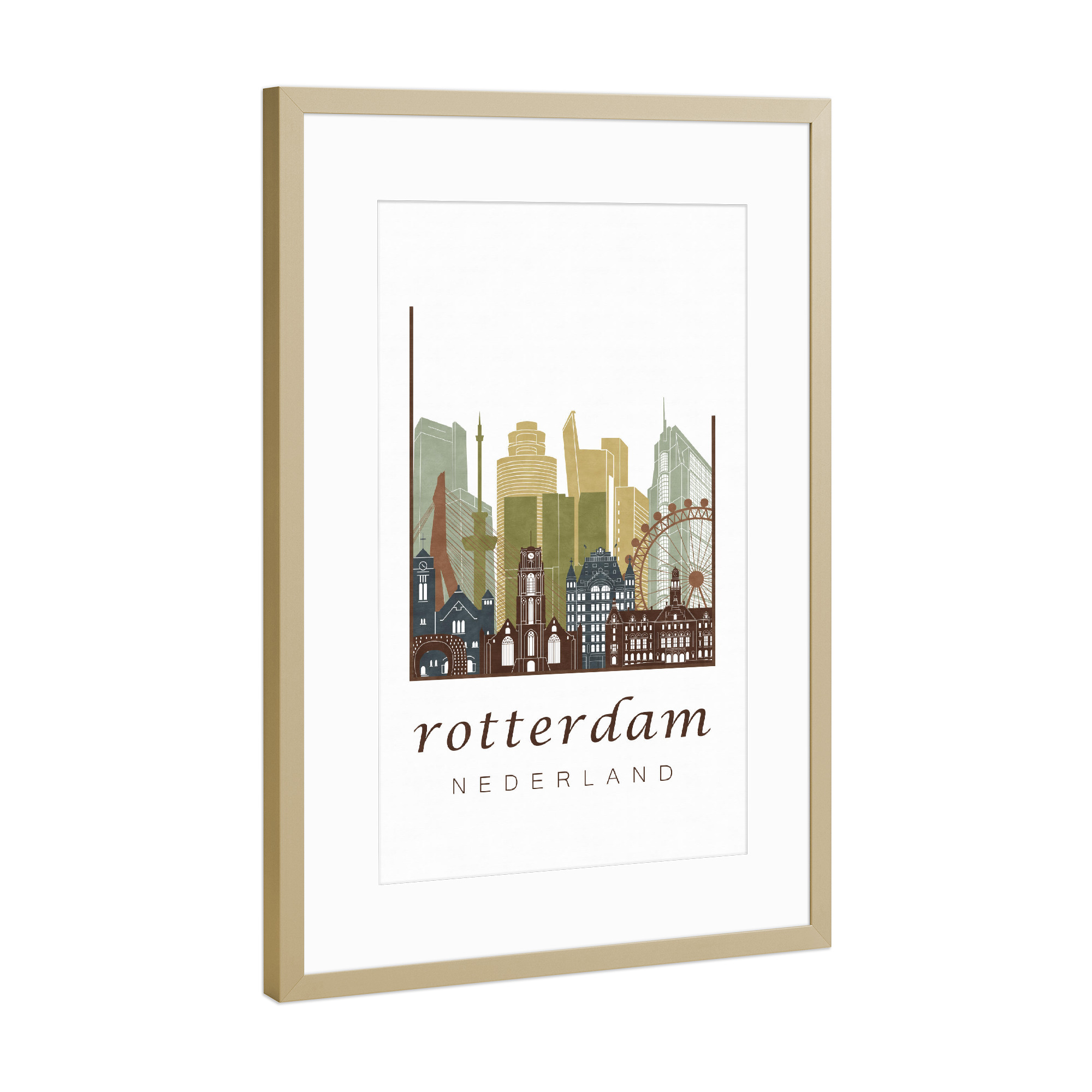 Poster mit Rahmen Gold "Rotterdam skyline, light brown" artboxONE - Städte,Kartografie