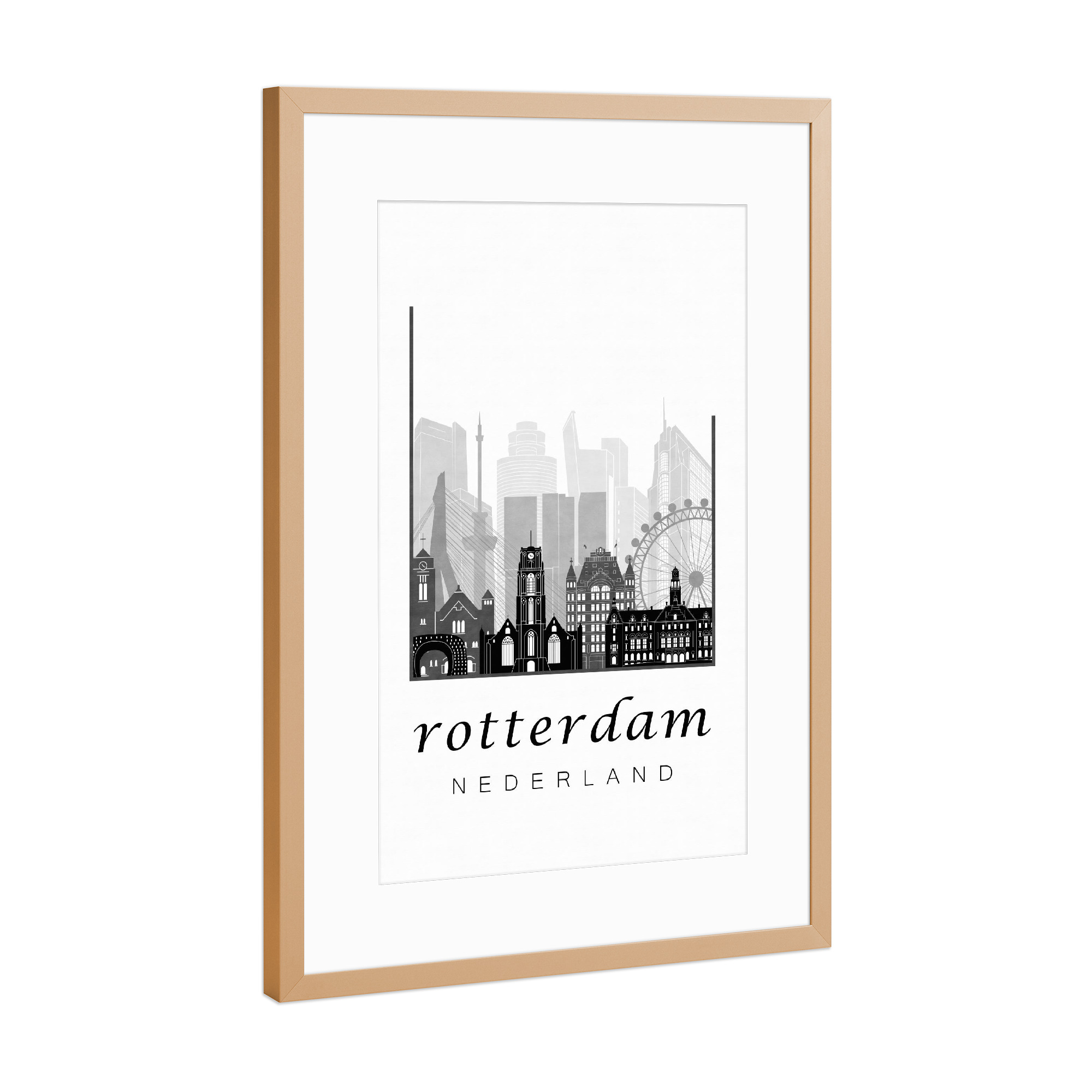 Poster mit Rahmen Kupfer "Rotterdam skyline, black & white" artboxONE - Städte,Schwarzweiß,Kartografie