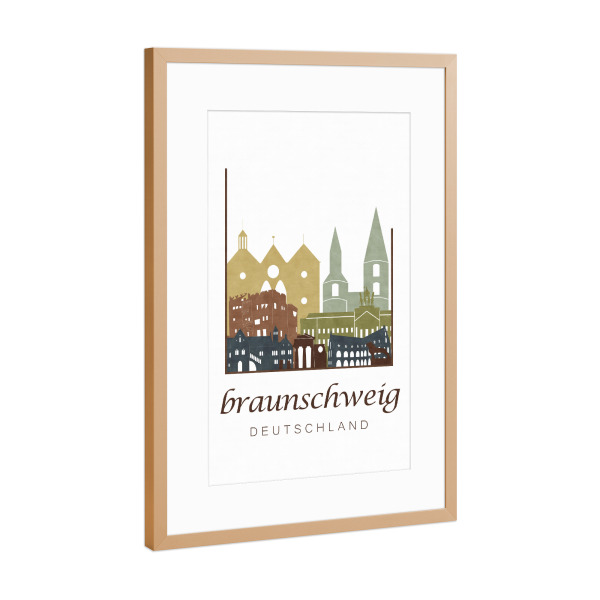 Poster mit Rahmen Kupfer "Braunschweig skyline, light brown" artboxONE - Städte,Kartografie