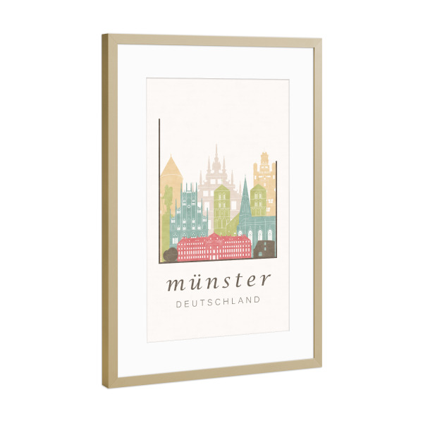 Poster mit Rahmen Gold "Münster skyline, pastel" artboxONE - Städte,Kartografie