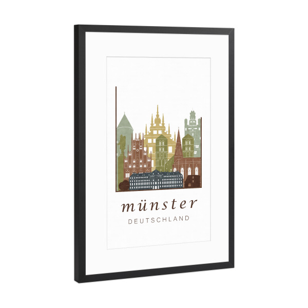 Poster mit Rahmen Schwarz (Metallic) "Münster skyline, light brown" artboxONE - Städte,Kartografie