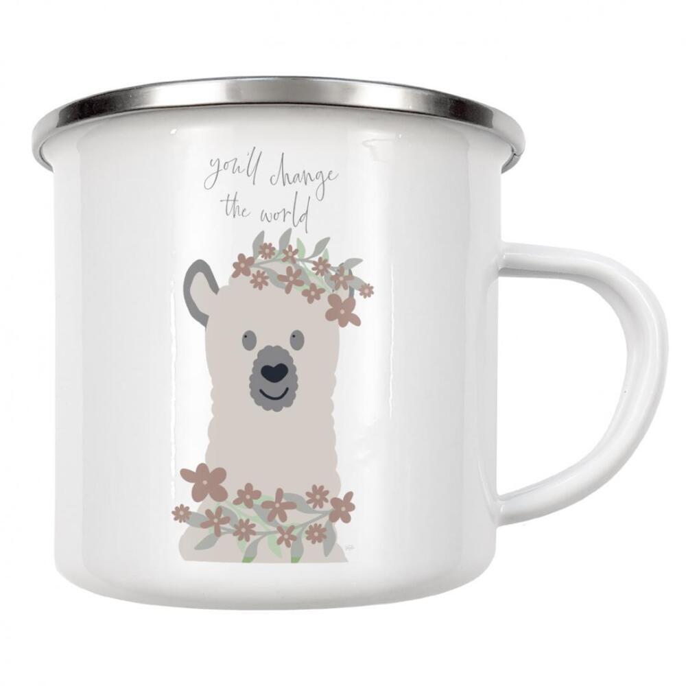Emaille Tasse "Die Welt verändern" artboxONE - Typografie,Für Kinder,Tiere - Lama,Blumen,Kind,Kinder,Kinder