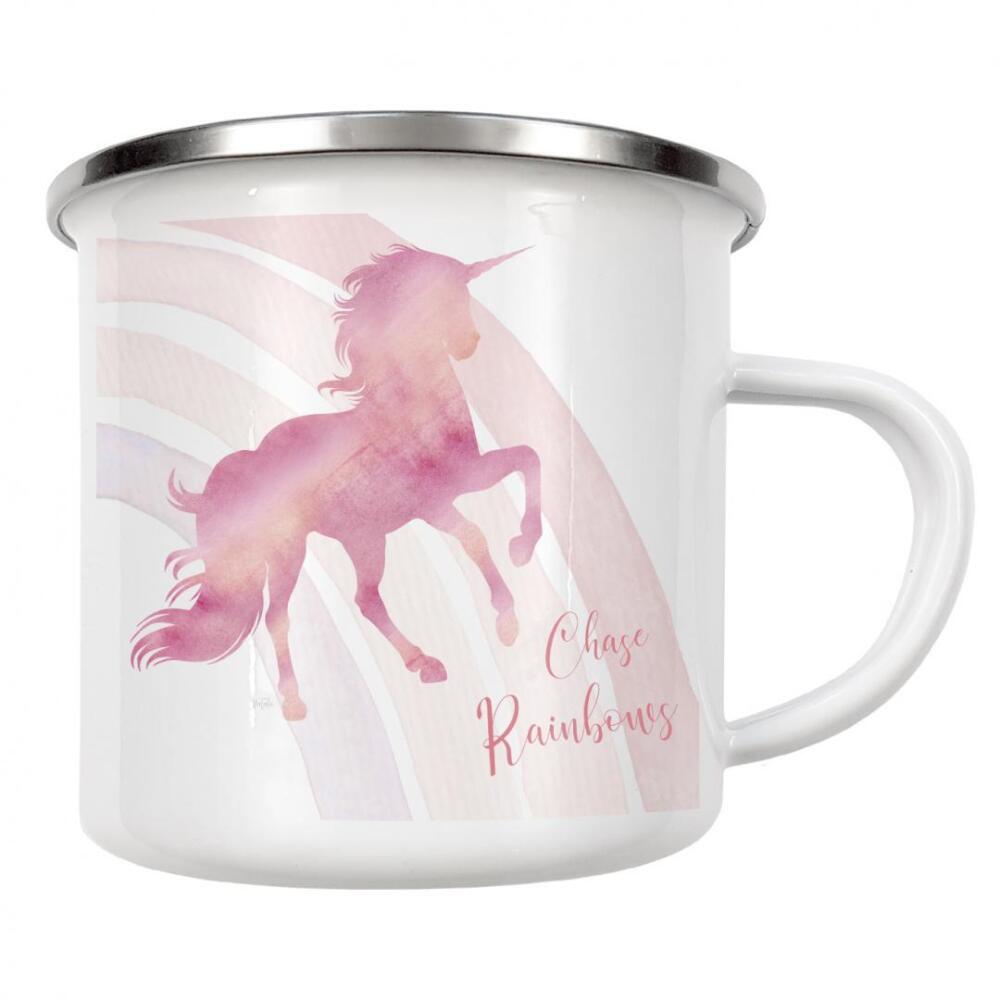 Emaille Tasse "Chase Rainbows Einhorn" artboxONE - Typografie,Für Kinder,Fiktion - Einhorn,Regenbogen,Rosa
