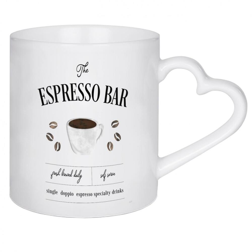 Herztasse "Frisch gebrühte Espressobar" artboxONE - Typografie,Essen & Trinken,Schwarzweiß - Espresso,Kaffee,Kaffeebohnen,Küche