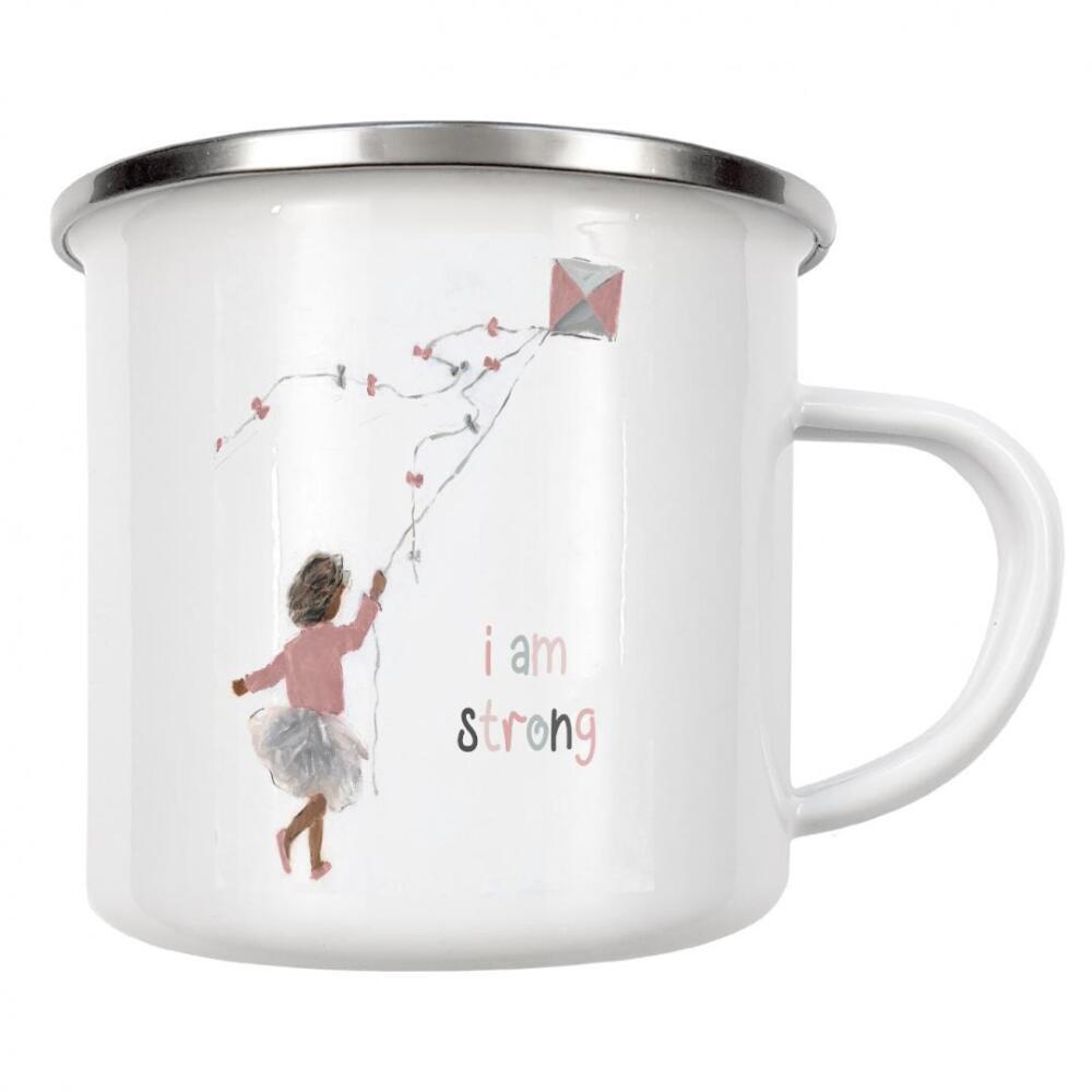 Emaille Tasse "Mädchen lässt Drachen steigen" artboxONE - Typografie,Für Kinder - Mädchen,Drachen,Kind,Kinder,Kinder