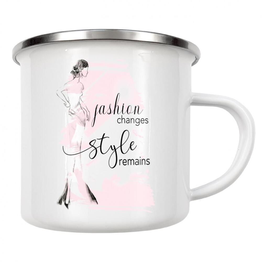 Emaille Tasse "Mode verändert Stil bleibt" artboxONE - Typografie,Menschen,Fashion - Kleid,Frau