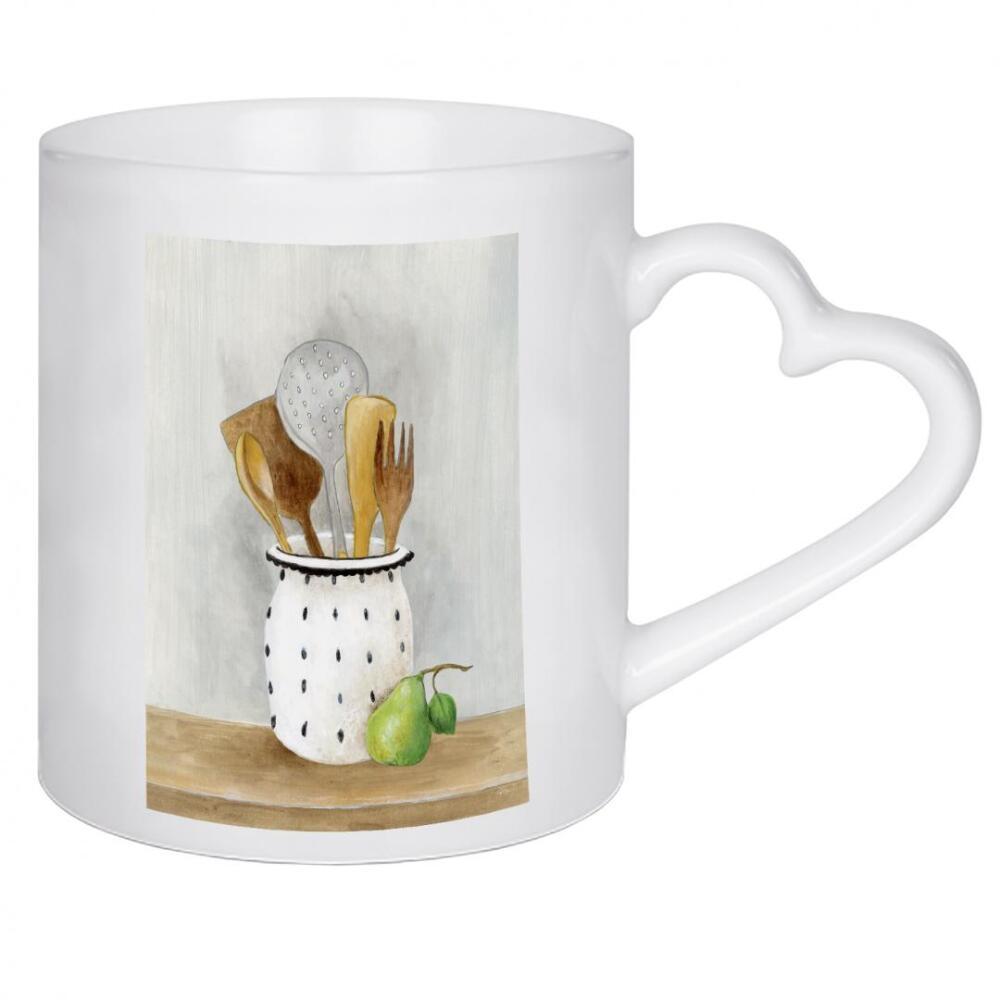 Herztasse "Cottage-Küche" artboxONE - Essen & Trinken,Essen & Trinken / Obst & Gemüse - Holzlöffel,Holzgabel,Holz,Birne,Utensilien,Küche,Gabel,Löffel