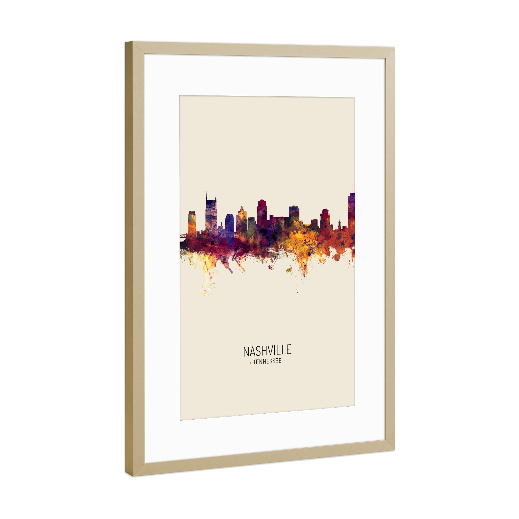Poster mit Rahmen Gold "Nashville Skyline Beige" artboxONE - Städte - Nashville,Tennessee,Skyline,Cityscape,Painting,Watercolour,Stadtbild