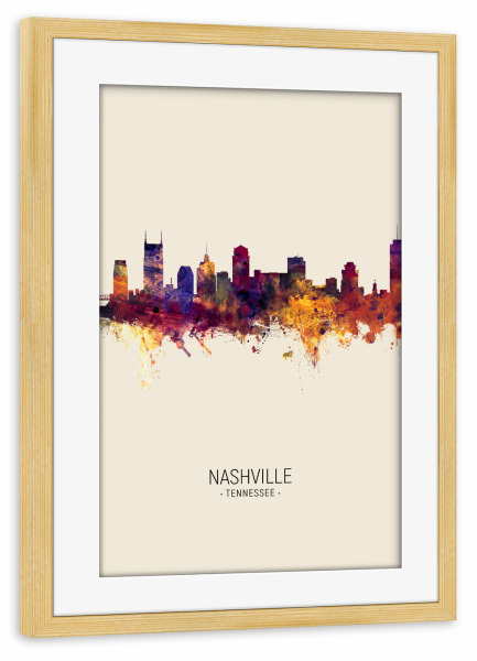 Poster mit Rahmen kiefer "Nashville Skyline Beige" artboxONE - Städte - Nashville,Tennessee,Skyline,Cityscape,Painting,Watercolour,Stadtbild