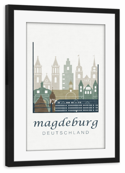 Poster mit Rahmen schwarz "Magdeburg skyline light blue" artboxONE - Städte,Kartografie - Magdeburg,Germany,Deutschland,Skyline,Cityscape,Travel