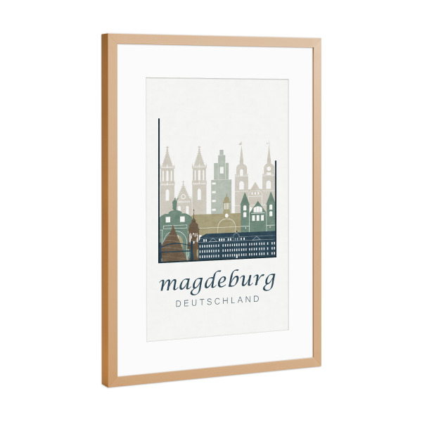Poster mit Rahmen Kupfer "Magdeburg skyline light blue" artboxONE - Städte,Kartografie - Magdeburg,Germany,Deutschland,Skyline,Cityscape,Travel