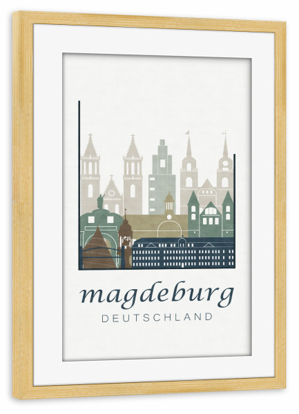 Poster mit Rahmen kiefer "Magdeburg skyline light blue" artboxONE - Städte,Kartografie - Magdeburg,Germany,Deutschland,Skyline,Cityscape,Travel