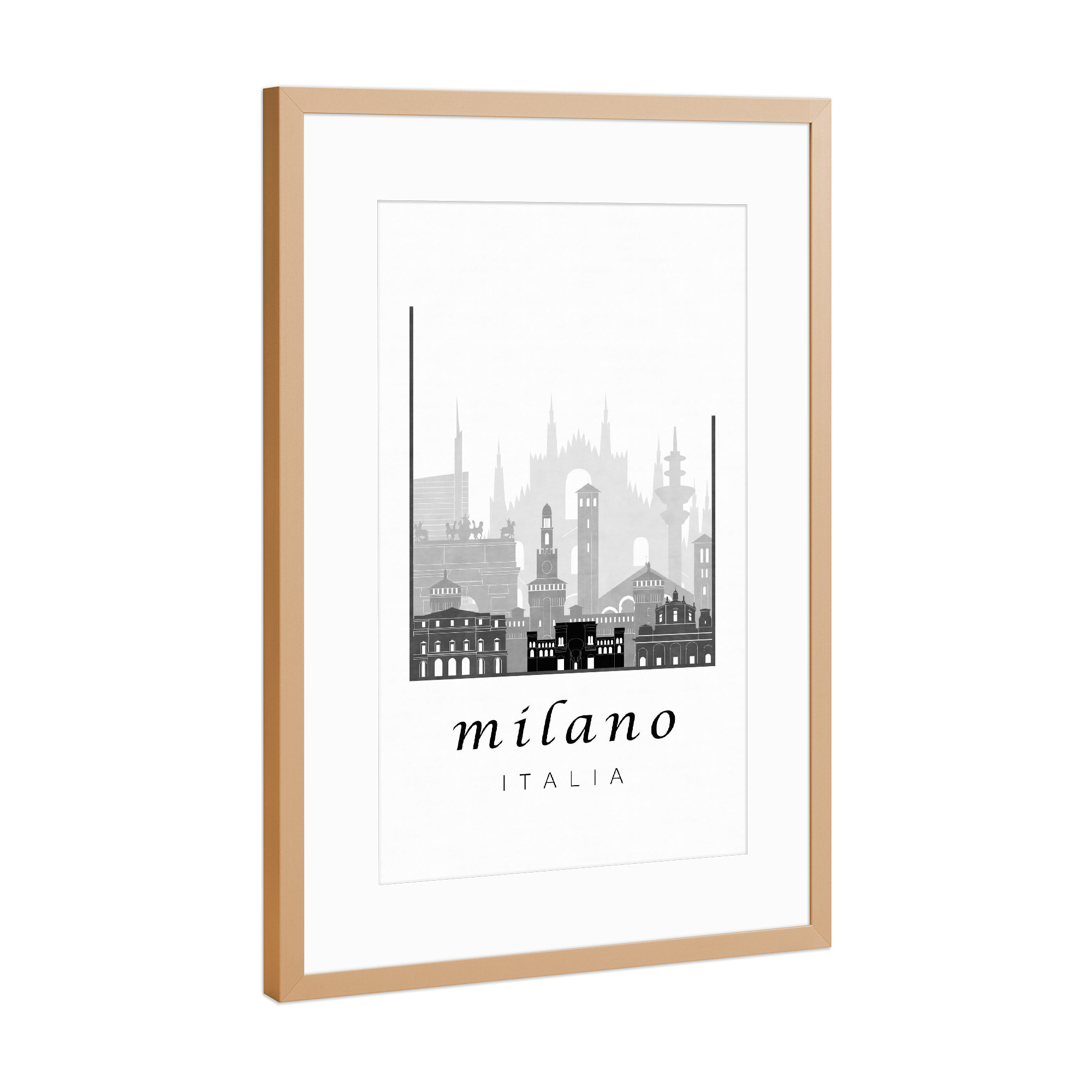 Poster mit Rahmen Kupfer "Milan skyline black & white" artboxONE - Schwarzweiß,Städte / Mailand,Kartografie
