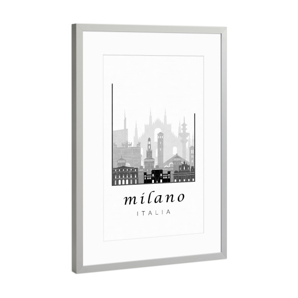 Poster mit Rahmen Silber "Milan skyline black & white" artboxONE - Schwarzweiß,Städte / Mailand,Kartografie