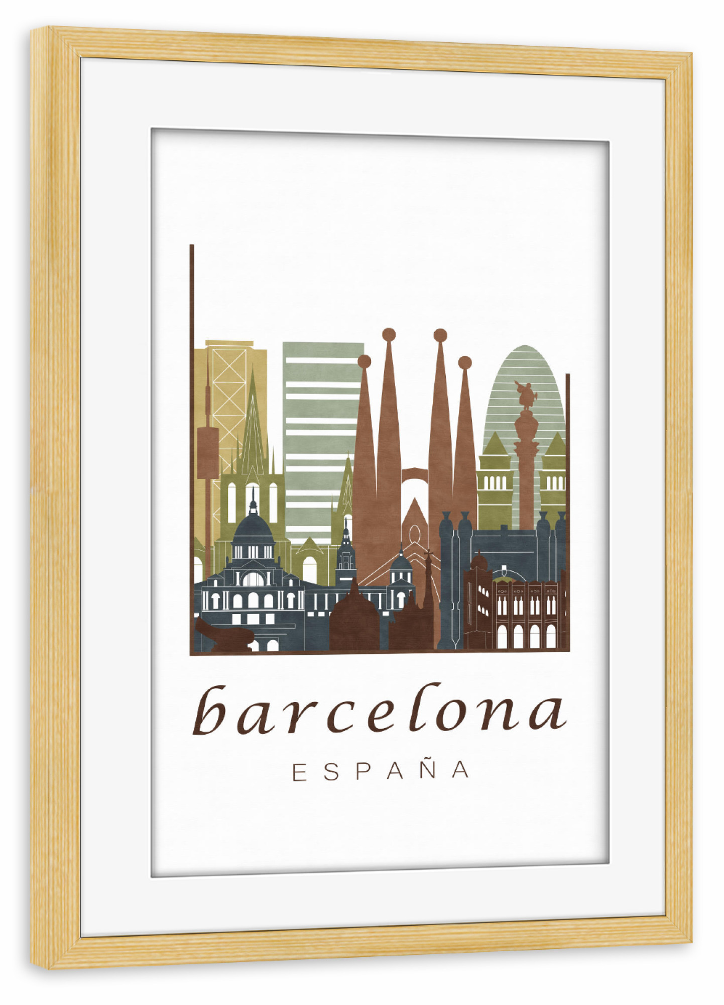 Poster mit Rahmen kiefer "Barcelona light brown skyline" artboxONE - Städte / Barcelona,Kartografie