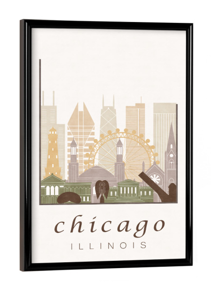 Poster mit schwarzem Rahmen "Chicago rustic skyline" artboxONE - Städte / Chicago,Kartografie