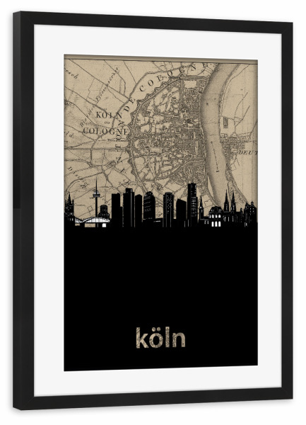 Poster mit Rahmen schwarz "Cologne skyline map" artboxONE - Städte,Städte / Köln,Reise,Architektur,Kartografie