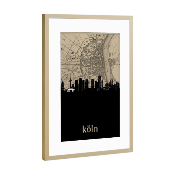 Poster mit Rahmen Gold "Cologne skyline map" artboxONE - Städte,Städte / Köln,Reise,Architektur,Kartografie