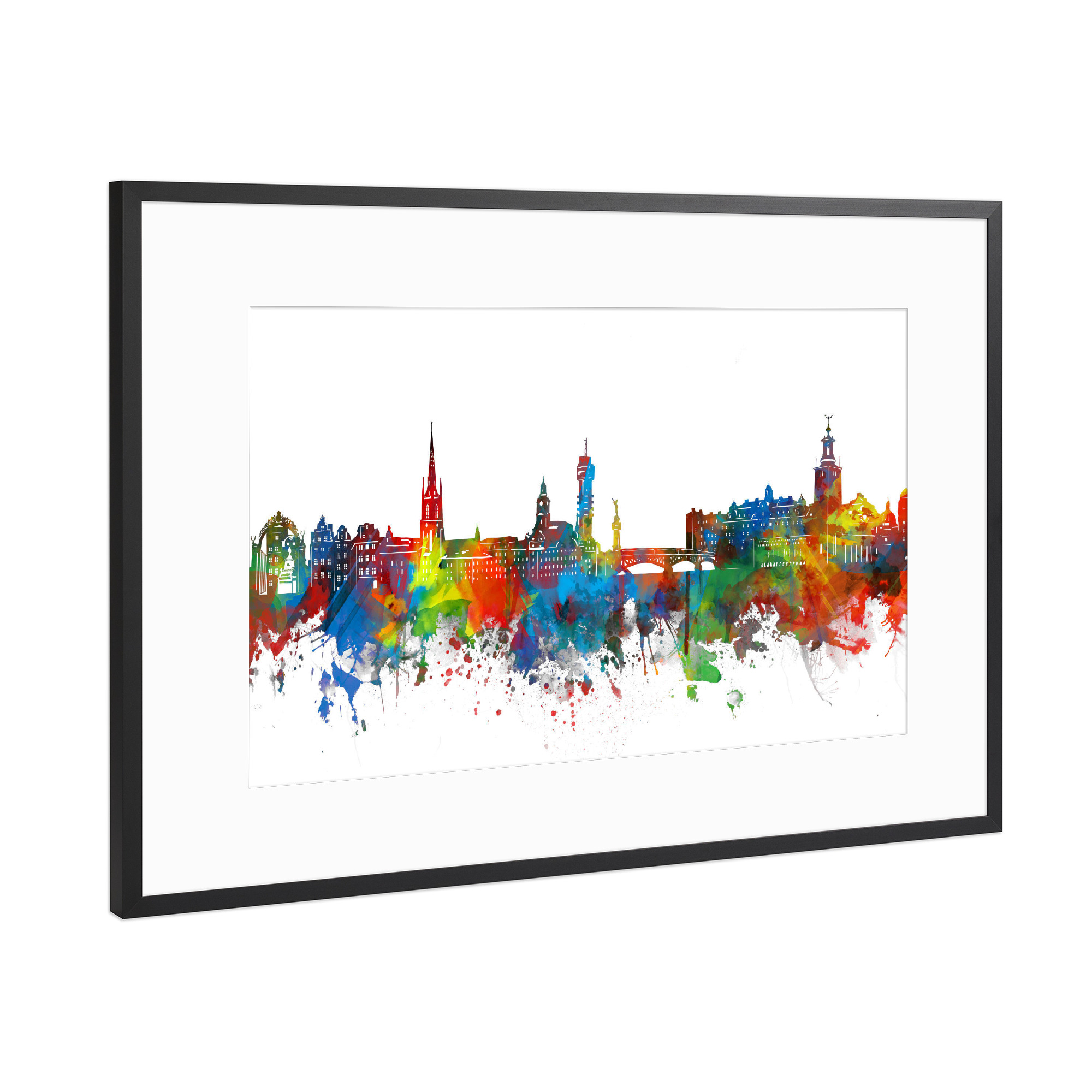Poster mit Rahmen Schwarz (Metallic) "Stockholm skyline watercolor" artboxONE - Städte,Architektur,Städte / Stockholm