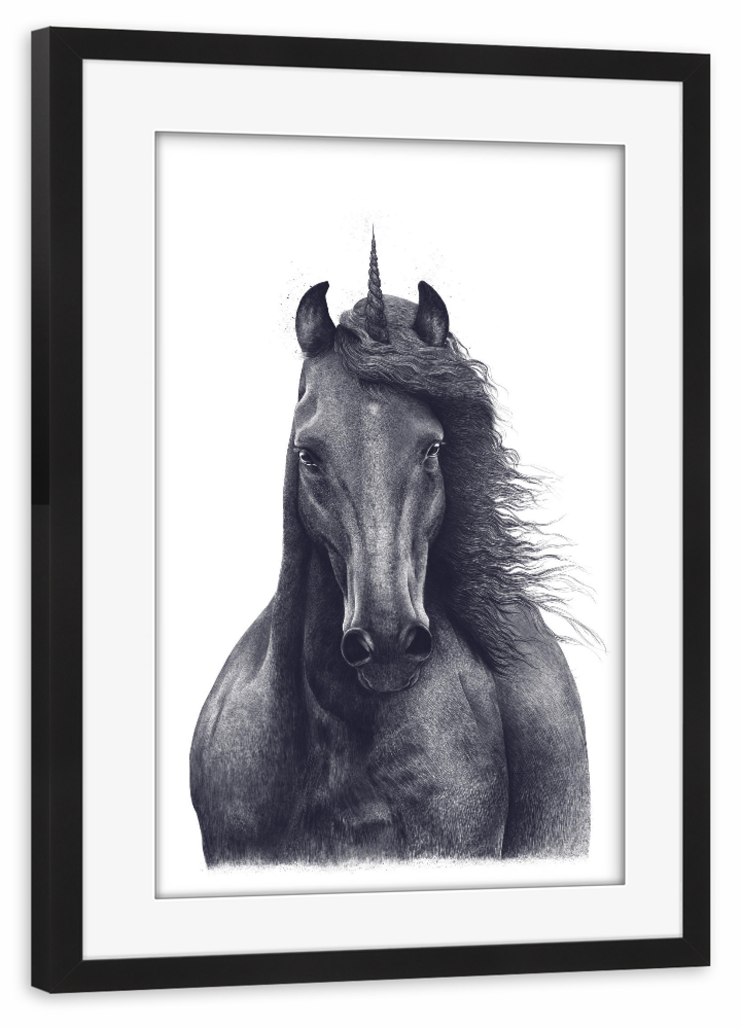 Poster mit Rahmen schwarz "Black unicorn" artboxONE - Tiere,Schwarzweiß - Unicorn,Horse,Black and white,Magic