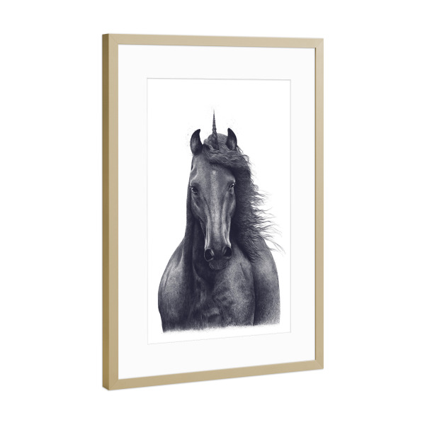 Poster mit Rahmen Gold "Black unicorn" artboxONE - Tiere,Schwarzweiß - Unicorn,Horse,Black and white,Magic