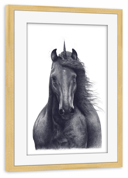 Poster mit Rahmen kiefer "Black unicorn" artboxONE - Tiere,Schwarzweiß - Unicorn,Horse,Black and white,Magic