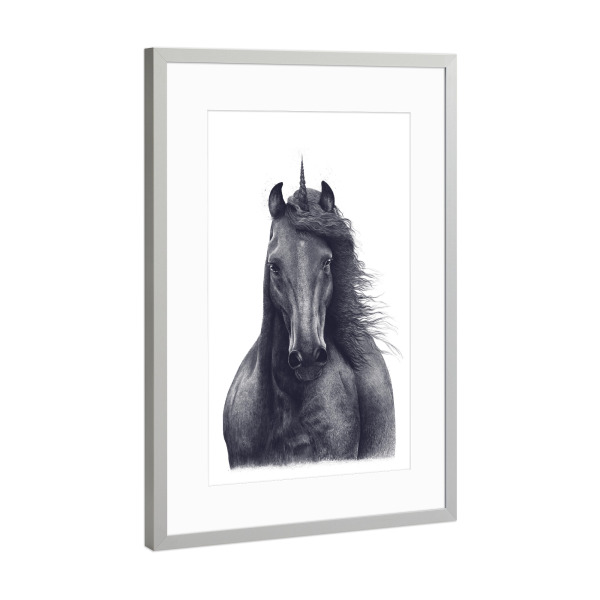 Poster mit Rahmen Silber "Black unicorn" artboxONE - Tiere,Schwarzweiß - Unicorn,Horse,Black and white,Magic
