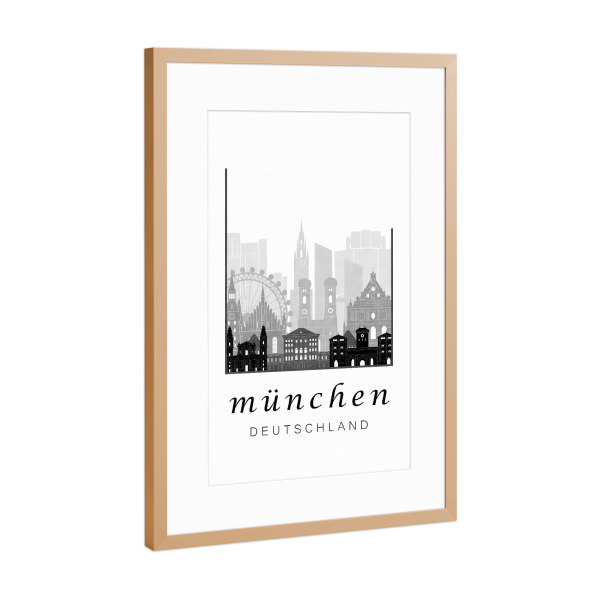 Poster mit Rahmen Kupfer "Munich skyline, black & white" artboxONE - Städte / München,Schwarzweiß,Kartografie