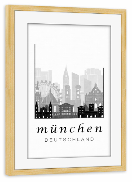 Poster mit Rahmen kiefer "Munich skyline, black & white" artboxONE - Städte / München,Schwarzweiß,Kartografie
