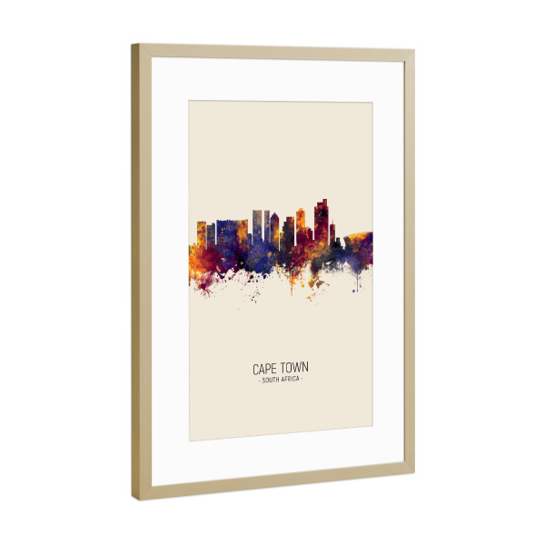 Poster mit Rahmen Gold "Cape Town Skyline Beige" artboxONE - Städte - Cape town,South africa,Skyline,Cityscape,Painting,Watercolour,Stadtbild