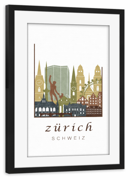 Poster mit Rahmen schwarz "Zurich skyline light brown" artboxONE - Städte / Zürich,Kartografie