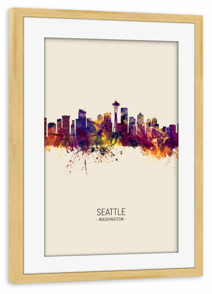 Poster mit Rahmen kiefer "Seattle Skyline Beige" artboxONE - Städte