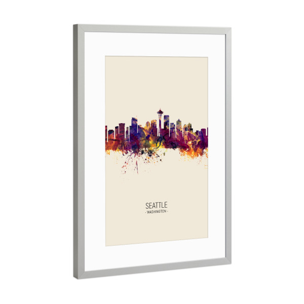 Poster mit Rahmen Silber "Seattle Skyline Beige" artboxONE - Städte