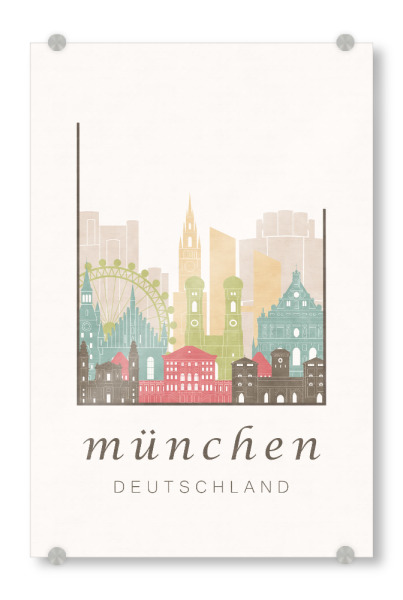 Acrylglasbild "Munich skyline pastel" artboxONE - Städte / München,Kartografie - Munich,München,Munchen,Germany,Deutschland,Skyline,Cityscape,Travel